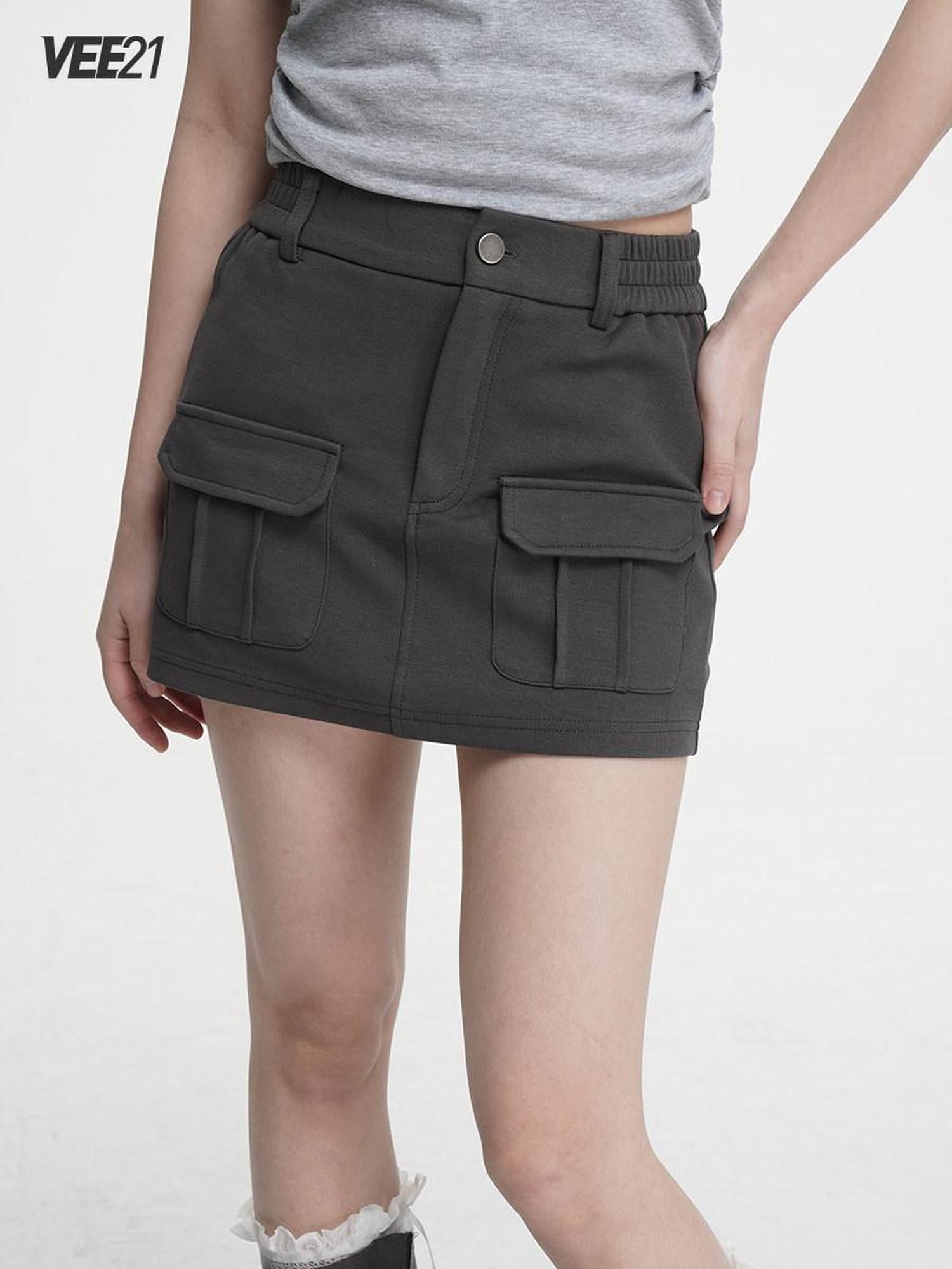 VEEMIX Dark Gray Bodycon Pocket Elastic Mid Waist Women's Cotton Blend Mini Skirts
