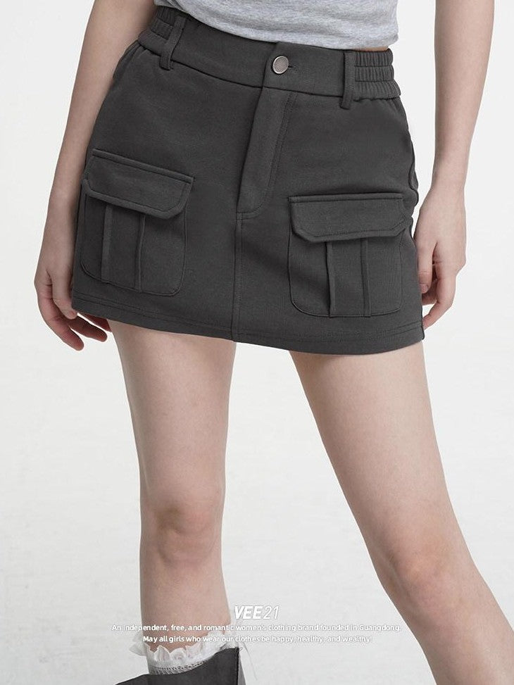 VEEMIX Dark Gray Bodycon Pocket Elastic Mid Waist Women's Cotton Blend Mini Skirts