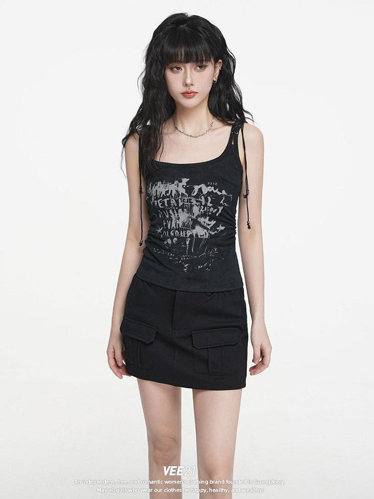 VEEMIX Dark Gray Bodycon Pocket Elastic Mid Waist Women's Cotton Blend Mini Skirts