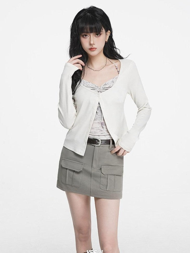 VEEMIX Dark Gray Bodycon Pocket Elastic Mid Waist Women's Cotton Blend Mini Skirts