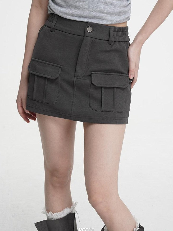 VEEMIX Dark Gray Bodycon Pocket Elastic Mid Waist Women's Cotton Blend Mini Skirts