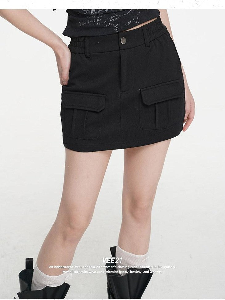 VEEMIX Dark Gray Bodycon Pocket Elastic Mid Waist Women's Cotton Blend Mini Skirts