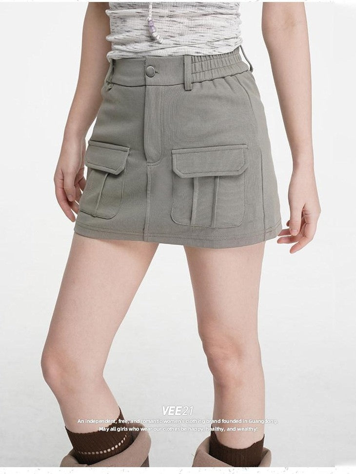 VEEMIX Dark Gray Bodycon Pocket Elastic Mid Waist Women's Cotton Blend Mini Skirts