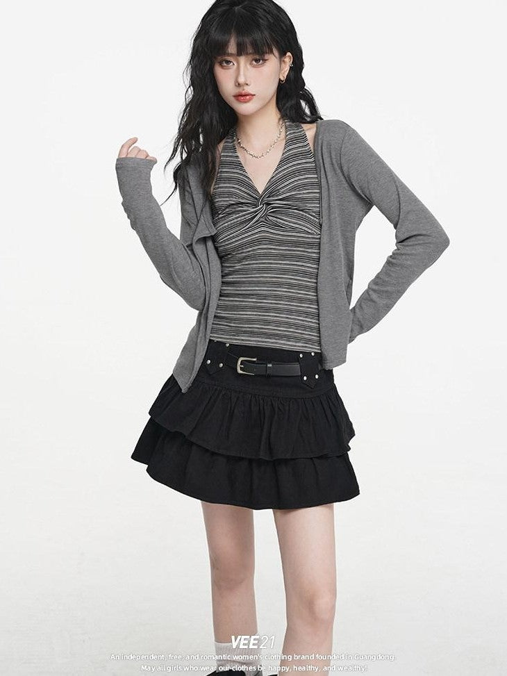 VEEMIX Dark Gray Buttoned V-neck Slim Women's Acrylic Blend Halter Tops