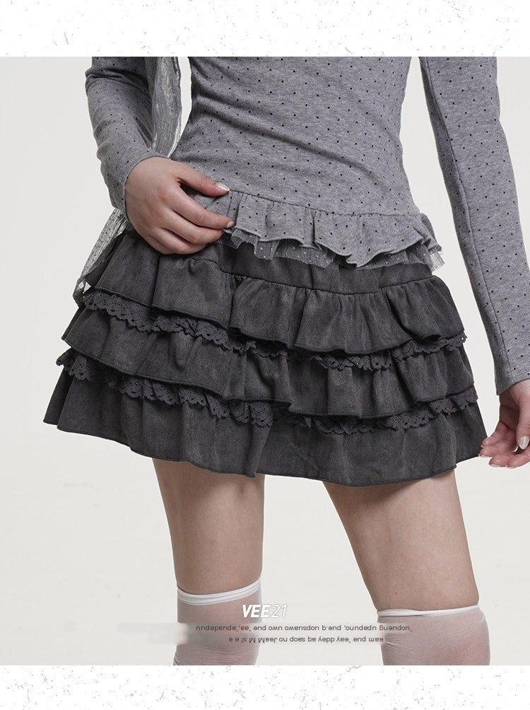 VEEMIX_Dark_Gray_Distressed_Pleated_Low_Waist_Women's_Suede_Tiered_Skirts_993240367506_MISSTT