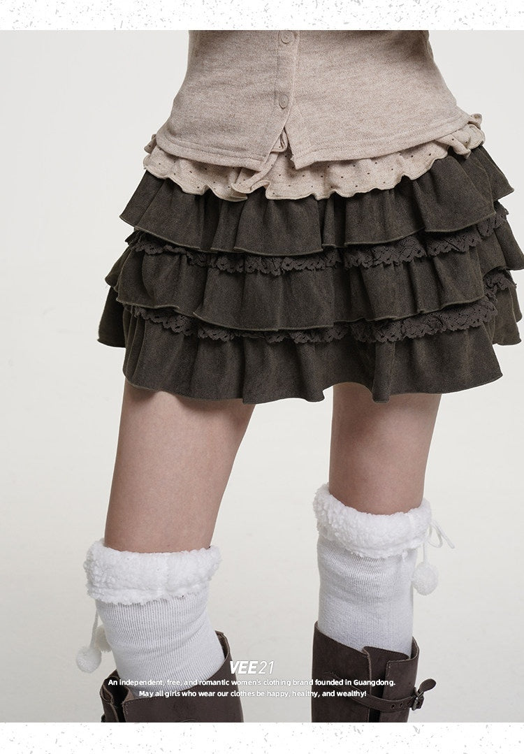 VEEMIX_Dark_Gray_Distressed_Pleated_Low_Waist_Women's_Suede_Tiered_Skirts_993240367506_MISSTT