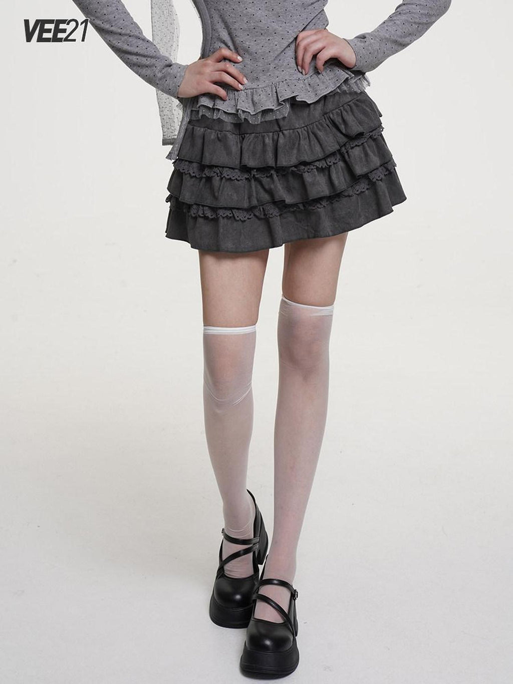 VEEMIX Dark Gray Distressed Pleated Low Waist Women's Suede Tiered Skirts