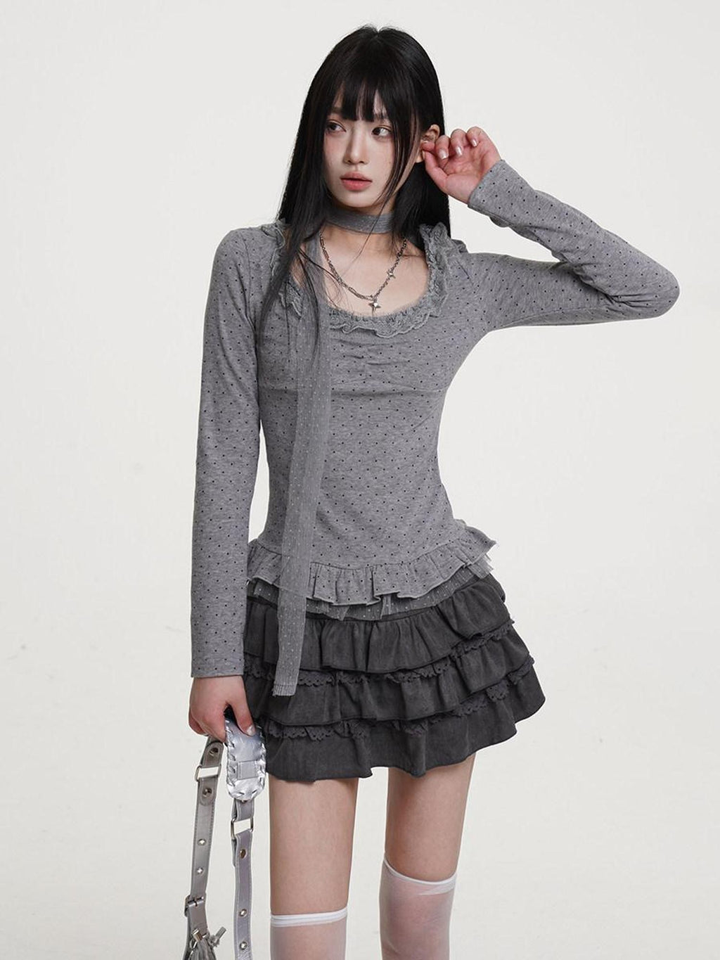 VEEMIX Dark Gray Distressed Pleated Low Waist Women's Suede Tiered Skirts