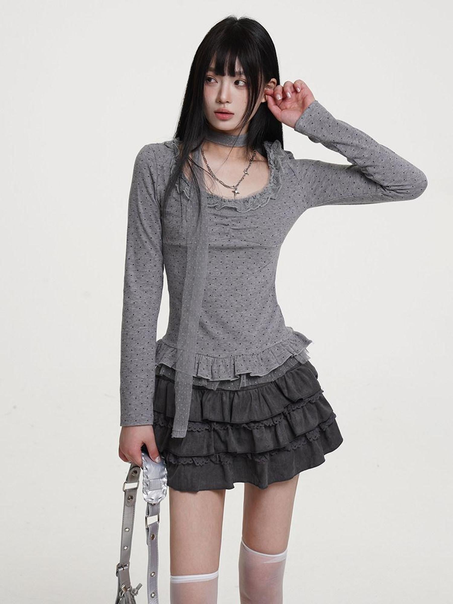 VEEMIX Dark Gray Distressed Pleated Low Waist Women's Suede Tiered Skirts