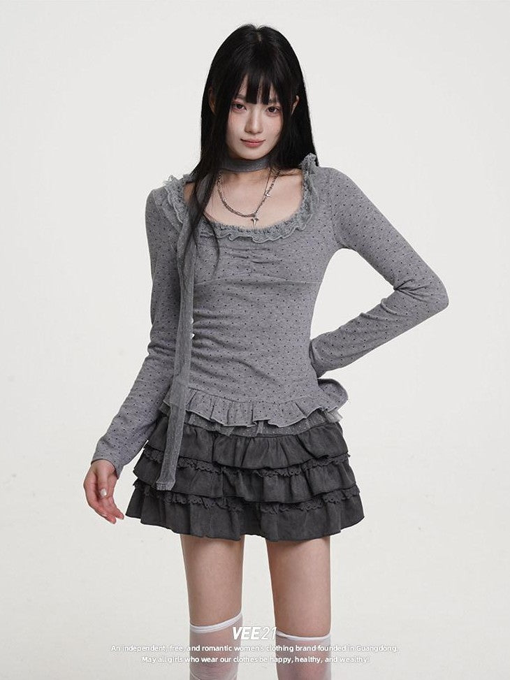 VEEMIX Dark Gray Distressed Pleated Low Waist Women's Suede Tiered Skirts