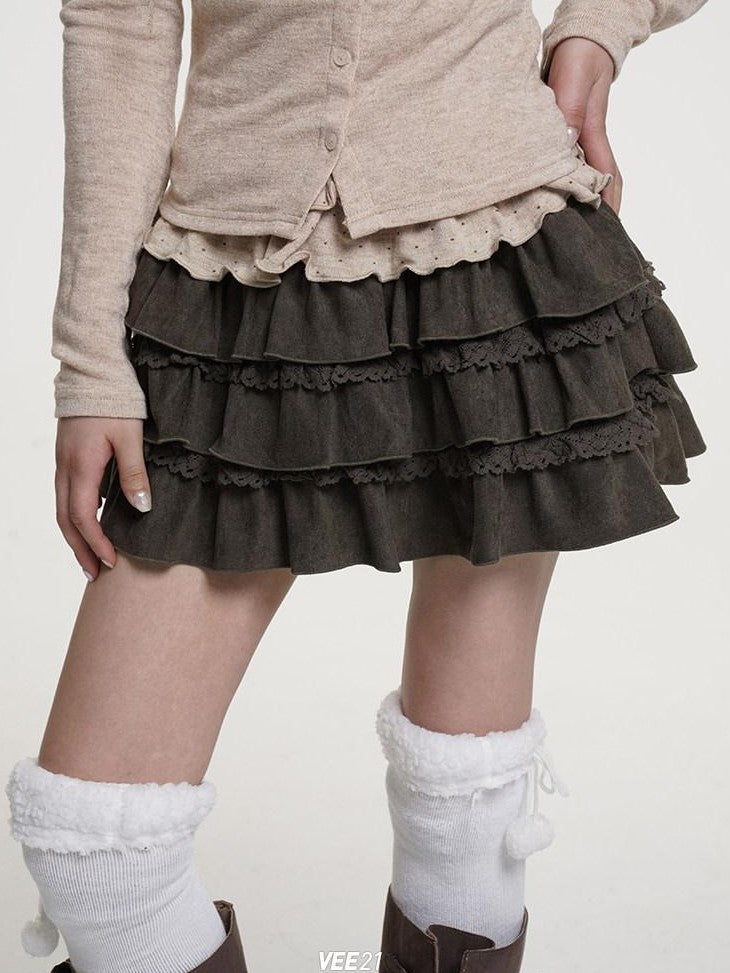 VEEMIX Dark Gray Distressed Pleated Low Waist Women's Suede Tiered Skirts