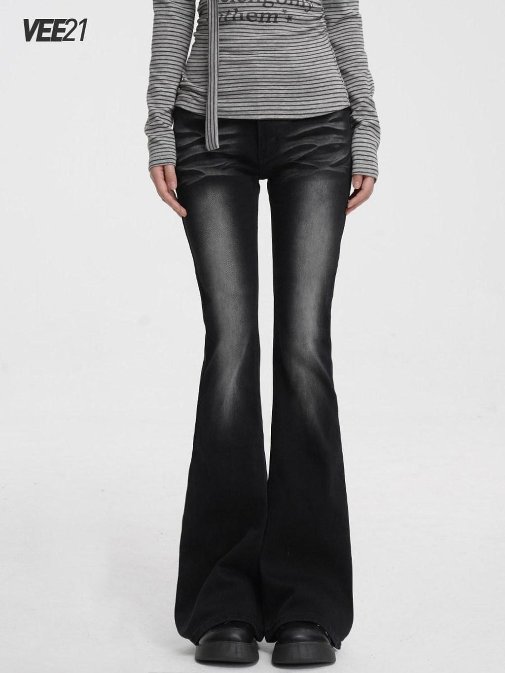 VEEMIX Dark Gray Washed Low Rise Pocket Button Fly Women's Cotton Flare Jeans
