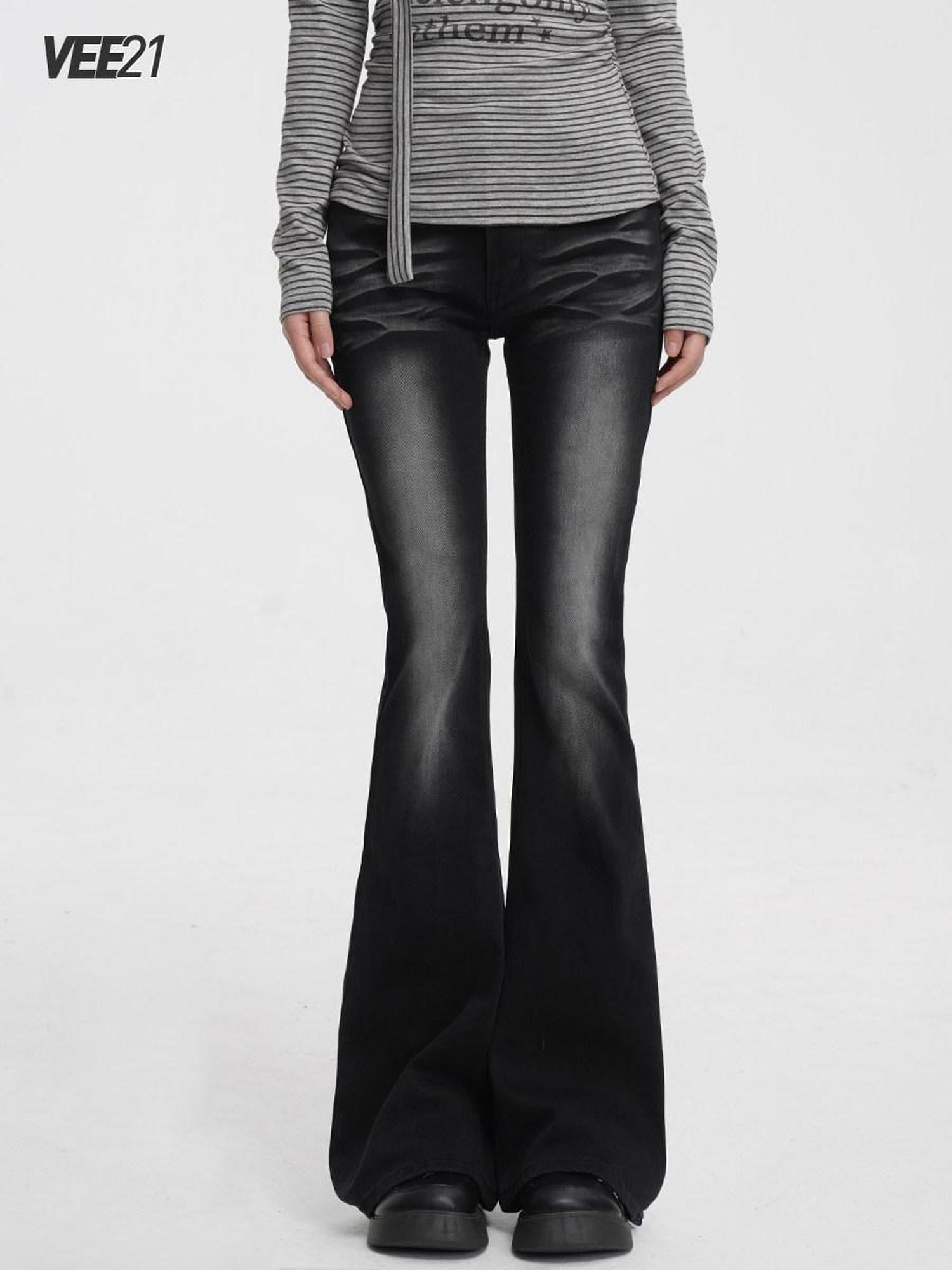 VEEMIX Dark Gray Washed Low Rise Pocket Button Fly Women's Cotton Flare Jeans