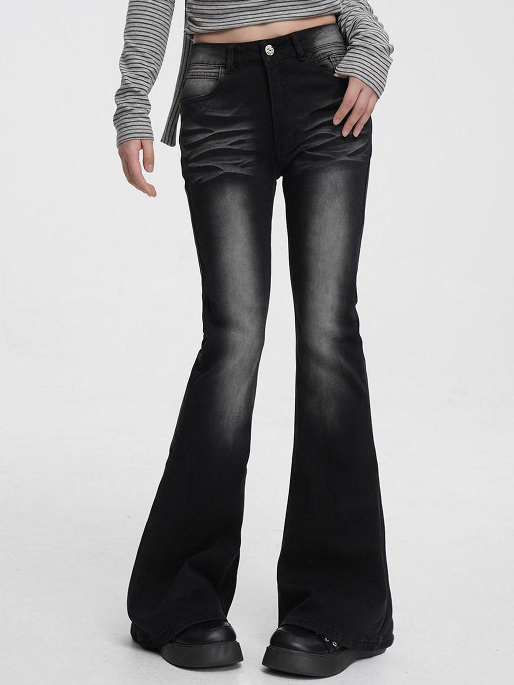 VEEMIX Dark Gray Washed Low Rise Pocket Button Fly Women's Cotton Flare Jeans