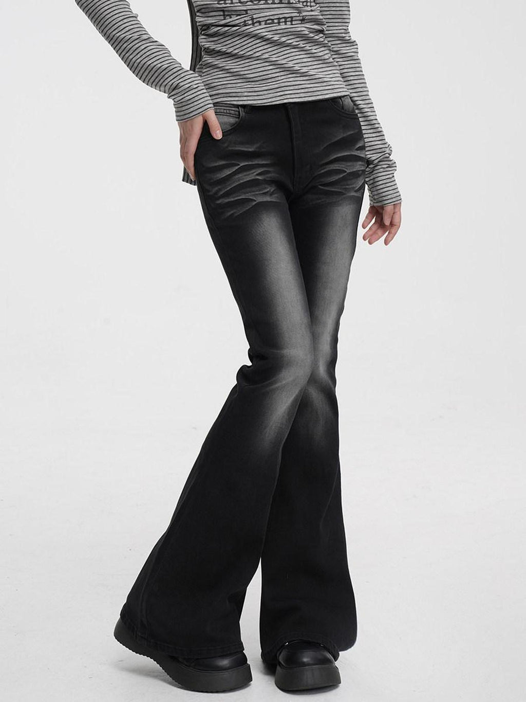 VEEMIX Dark Gray Washed Low Rise Pocket Button Fly Women's Cotton Flare Jeans