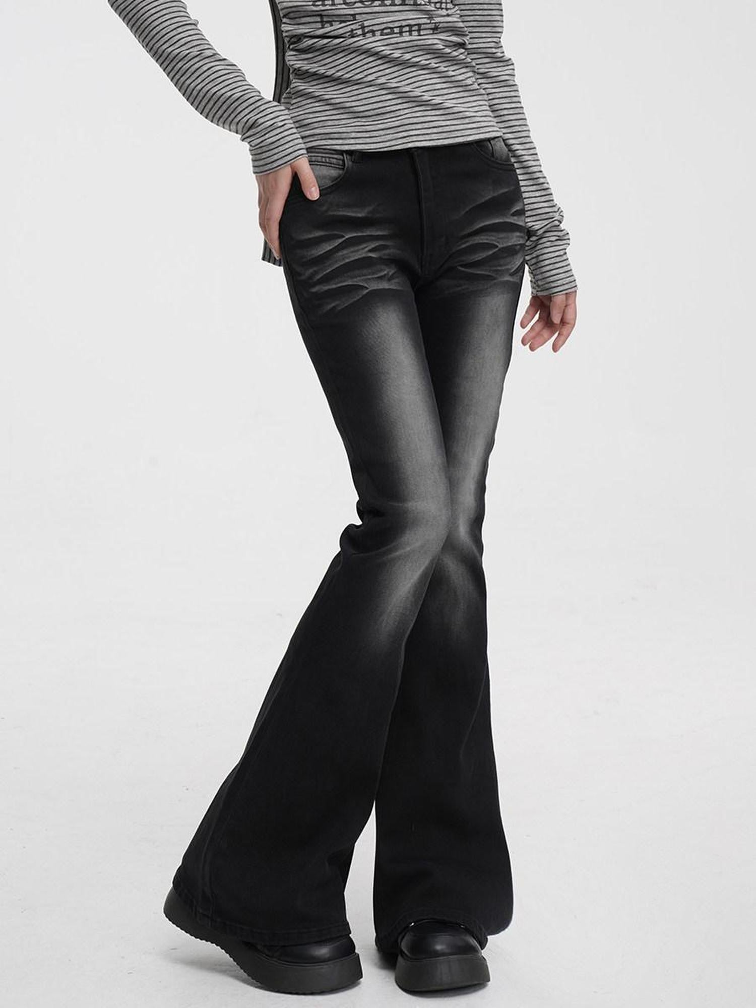 VEEMIX Dark Gray Washed Low Rise Pocket Button Fly Women's Cotton Flare Jeans