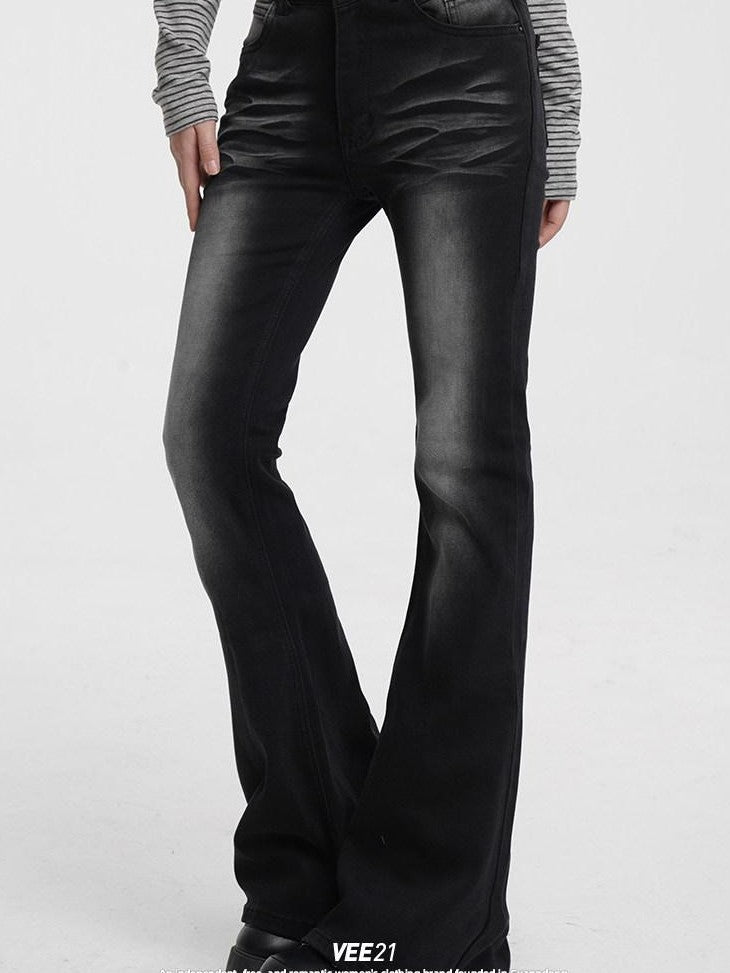 VEEMIX Dark Gray Washed Low Rise Pocket Button Fly Women's Cotton Flare Jeans