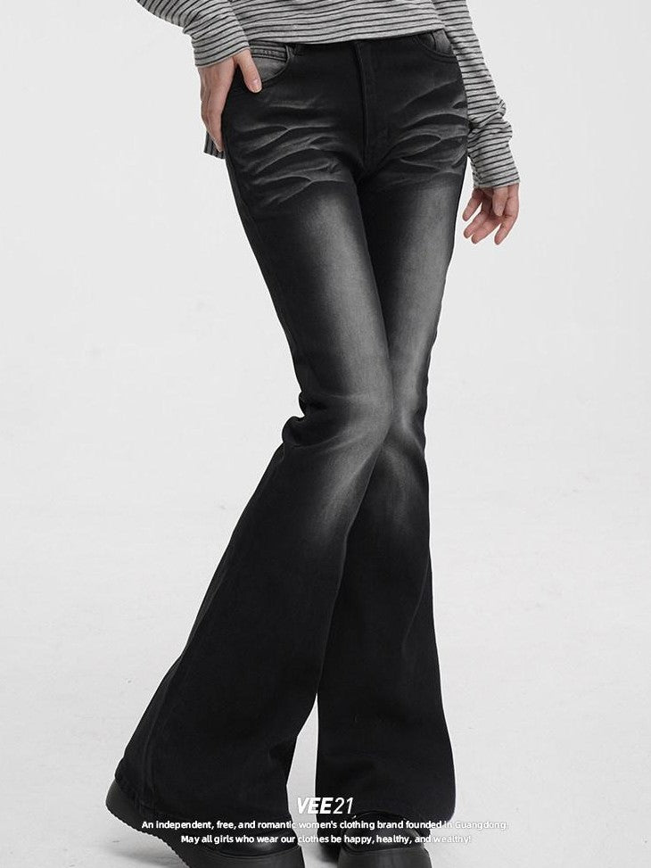 VEEMIX Dark Gray Washed Low Rise Pocket Button Fly Women's Cotton Flare Jeans