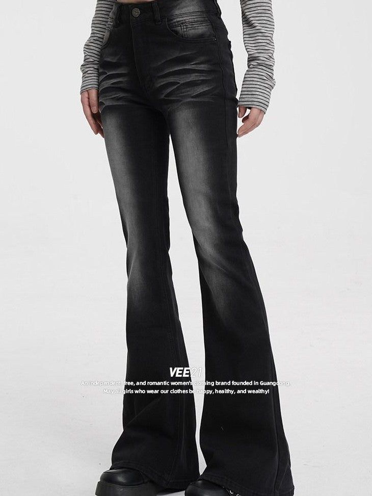 VEEMIX Dark Gray Washed Low Rise Pocket Button Fly Women's Cotton Flare Jeans
