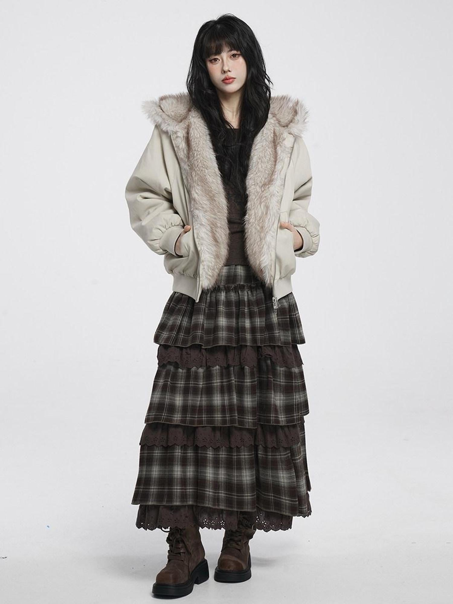VEEMIX Deep Gray Reversible Fur Collar Hooded Short Loose Women's Nylon Puffer Jackets