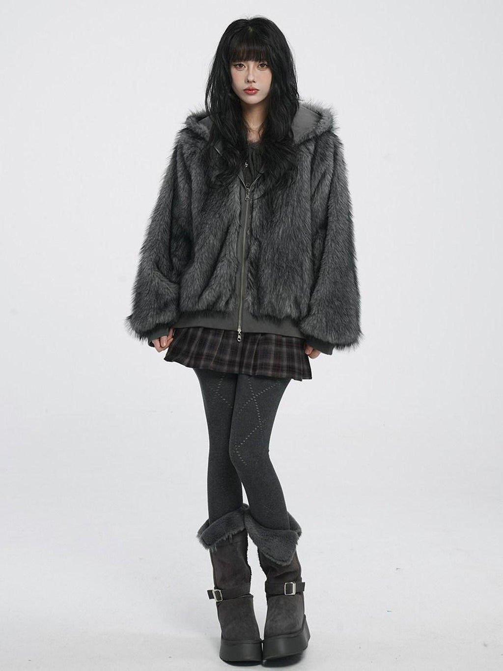VEEMIX Deep Gray Reversible Fur Collar Hooded Short Loose Women's Nylon Puffer Jackets