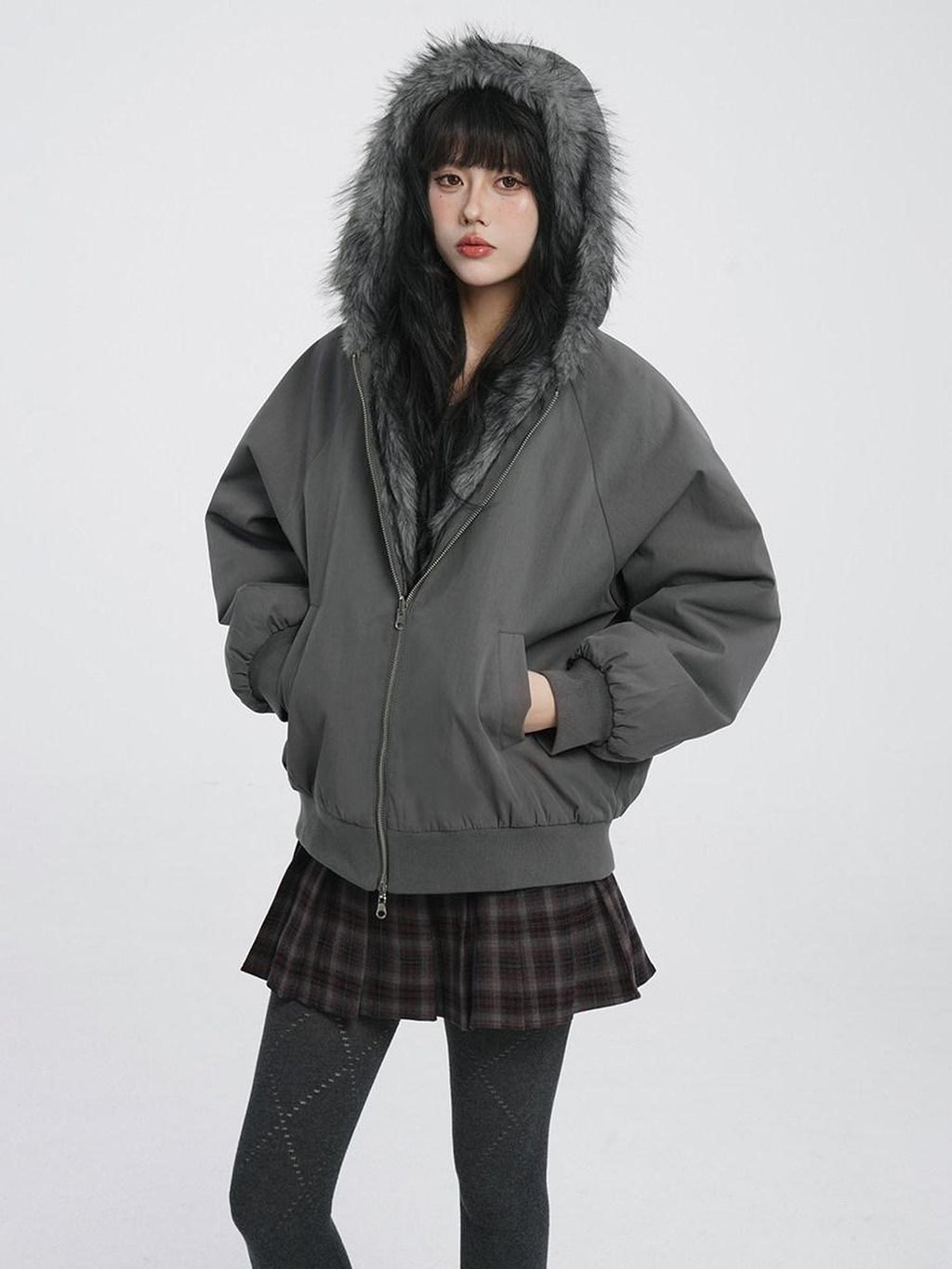 VEEMIX Deep Gray Reversible Fur Collar Hooded Short Loose Women's Nylon Puffer Jackets