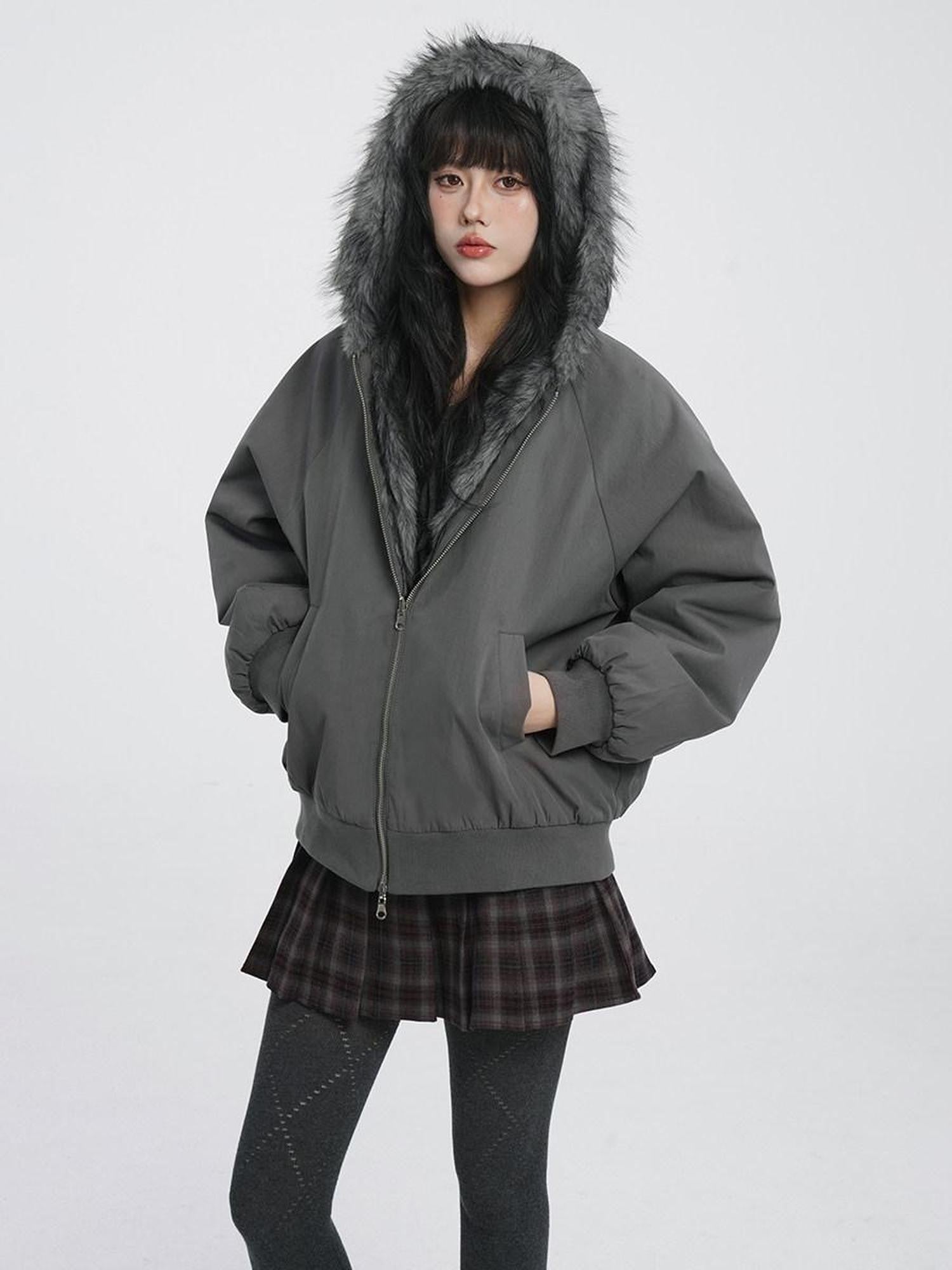 VEEMIX Deep Gray Reversible Fur Collar Hooded Short Loose Women's Nylon Puffer Jackets