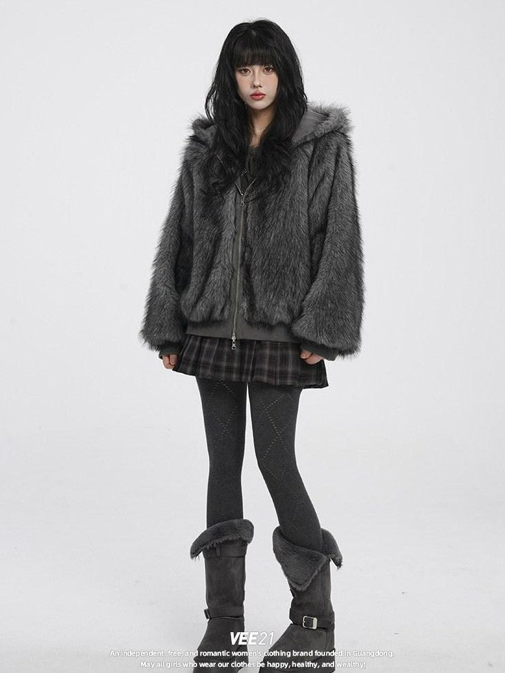 VEEMIX Deep Gray Reversible Fur Collar Hooded Short Loose Women's Nylon Puffer Jackets