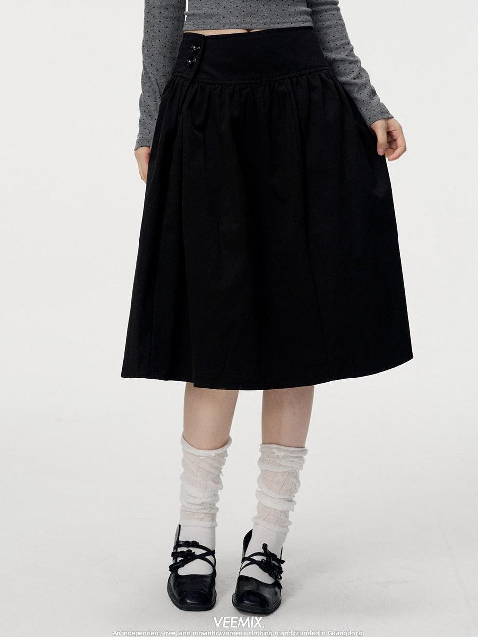 VEEMIX Deep Gray Side Double Buckle A Line Buttoned Women's Cotton Midi Skirts