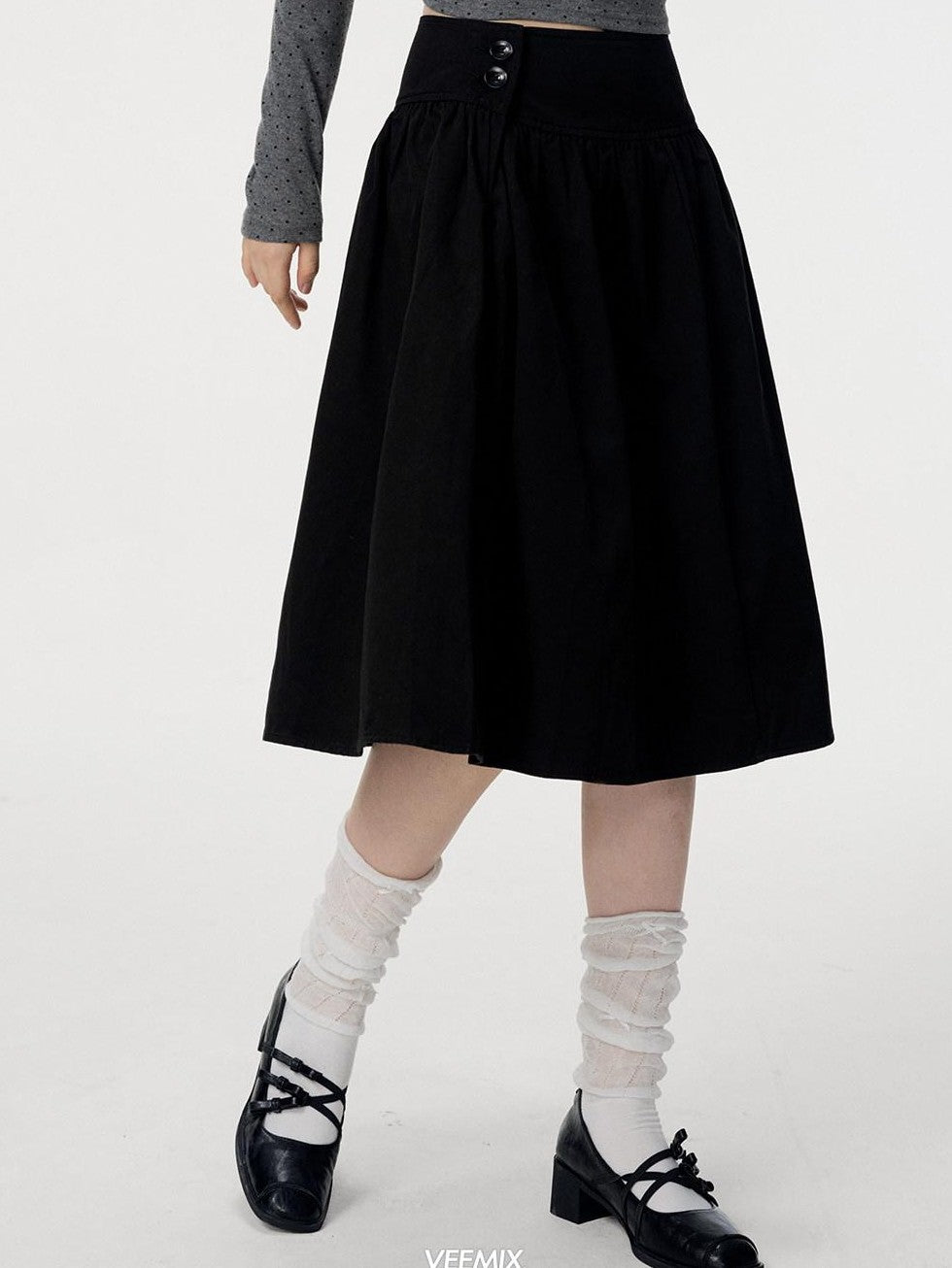 VEEMIX Deep Gray Side Double Buckle A Line Buttoned Women's Cotton Midi Skirts