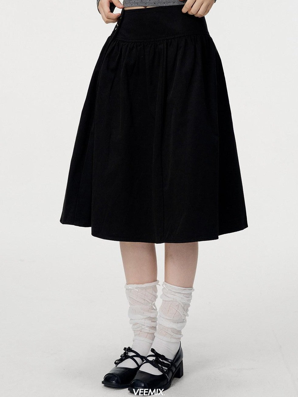VEEMIX Deep Gray Side Double Buckle A Line Buttoned Women's Cotton Midi Skirts