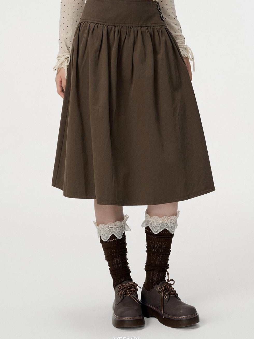 VEEMIX Deep Gray Side Double Buckle A Line Buttoned Women's Cotton Midi Skirts