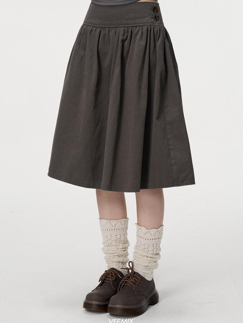 VEEMIX Deep Gray Side Double Buckle A Line Buttoned Women's Cotton Midi Skirts