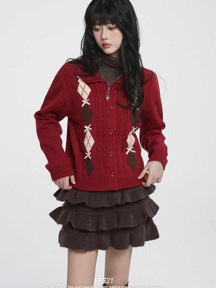 VEEMIX Diamond Argyle Peter Pan Collar Bow Knit Buttons Women's Viscose Cardigans