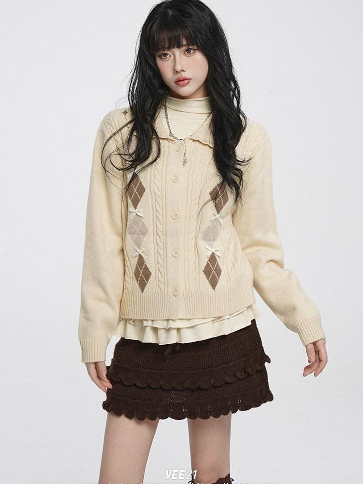 VEEMIX Diamond Argyle Peter Pan Collar Bow Knit Buttons Women's Viscose Cardigans