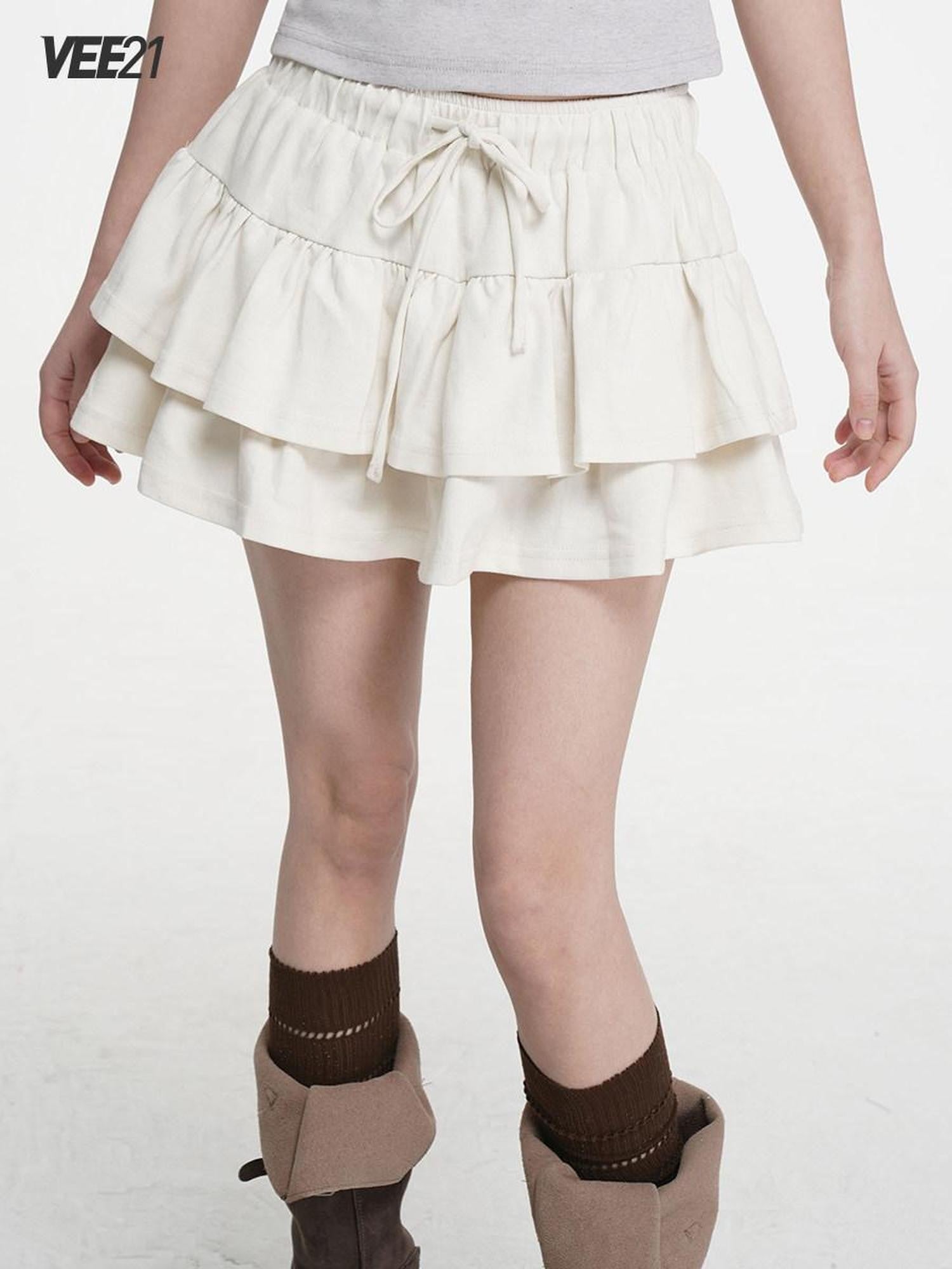 VEEMIX Double Layer Pleated Tiered A Line Low Waist Women's Cotton Mini Skirts