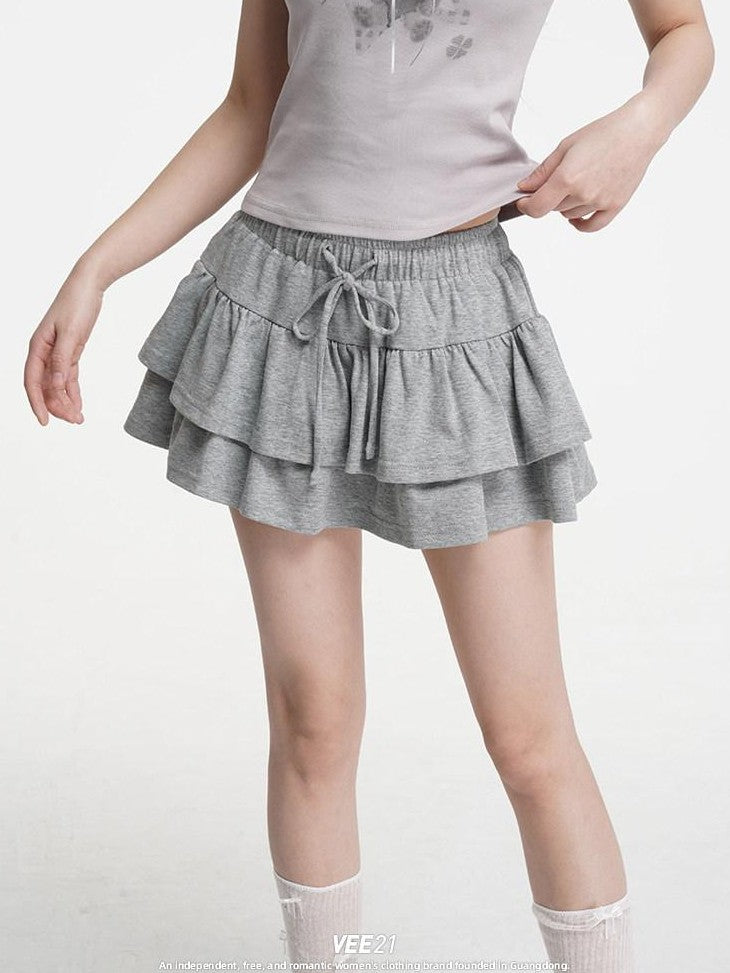 VEEMIX Double Layer Pleated Tiered A Line Low Waist Women's Cotton Mini Skirts