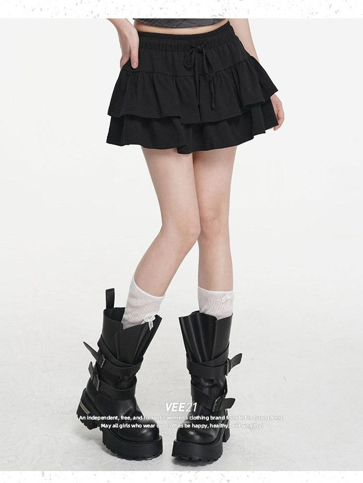 VEEMIX Double Layer Pleated Tiered A Line Low Waist Women's Cotton Mini Skirts