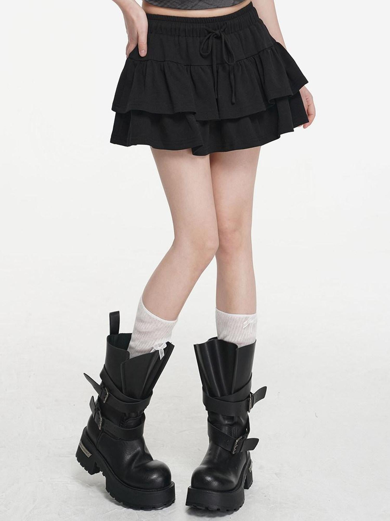VEEMIX Double Layer Pleated Tiered A Line Low Waist Women's Cotton Mini Skirts