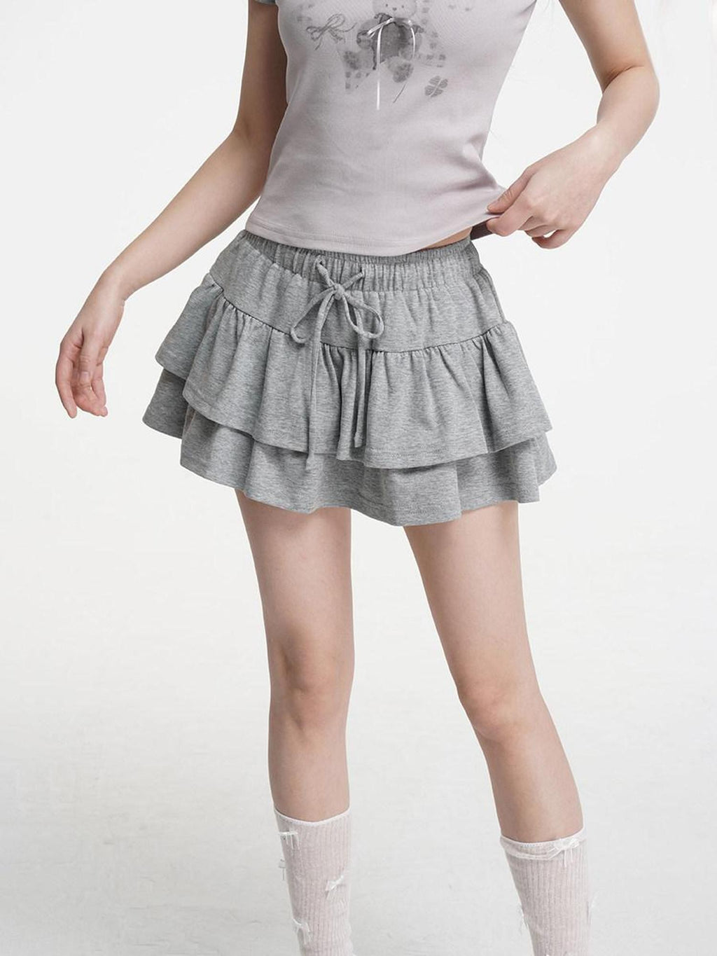 VEEMIX Double Layer Pleated Tiered A Line Low Waist Women's Cotton Mini Skirts