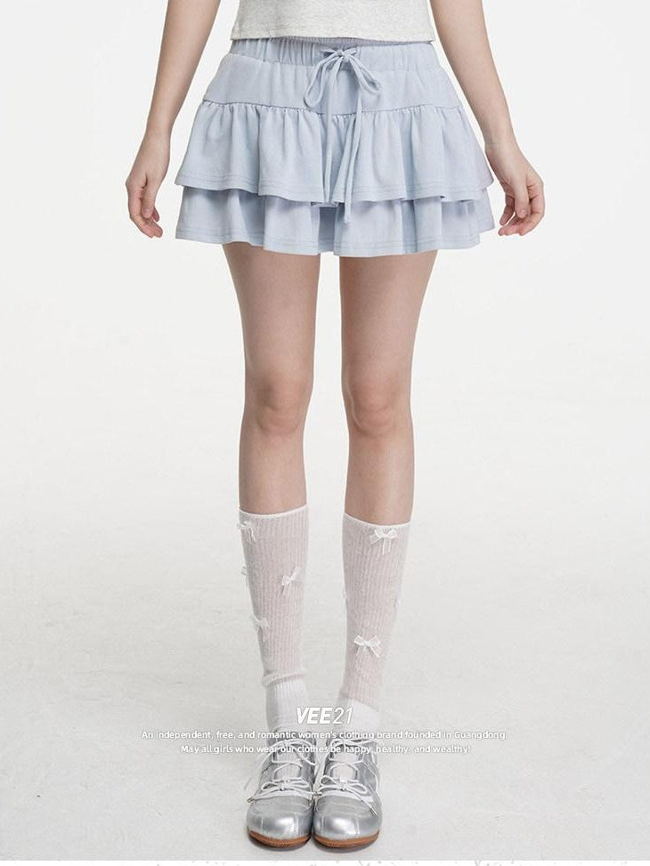 VEEMIX Double Layer Pleated Tiered A Line Low Waist Women's Cotton Mini Skirts