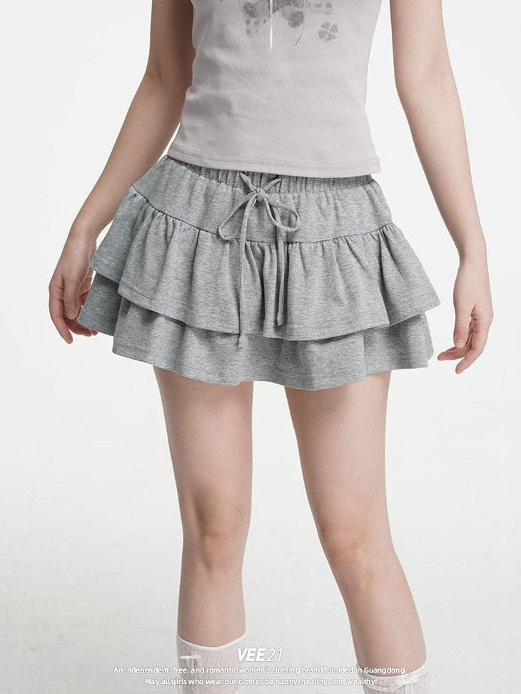 VEEMIX Double Layer Pleated Tiered A Line Low Waist Women's Cotton Mini Skirts