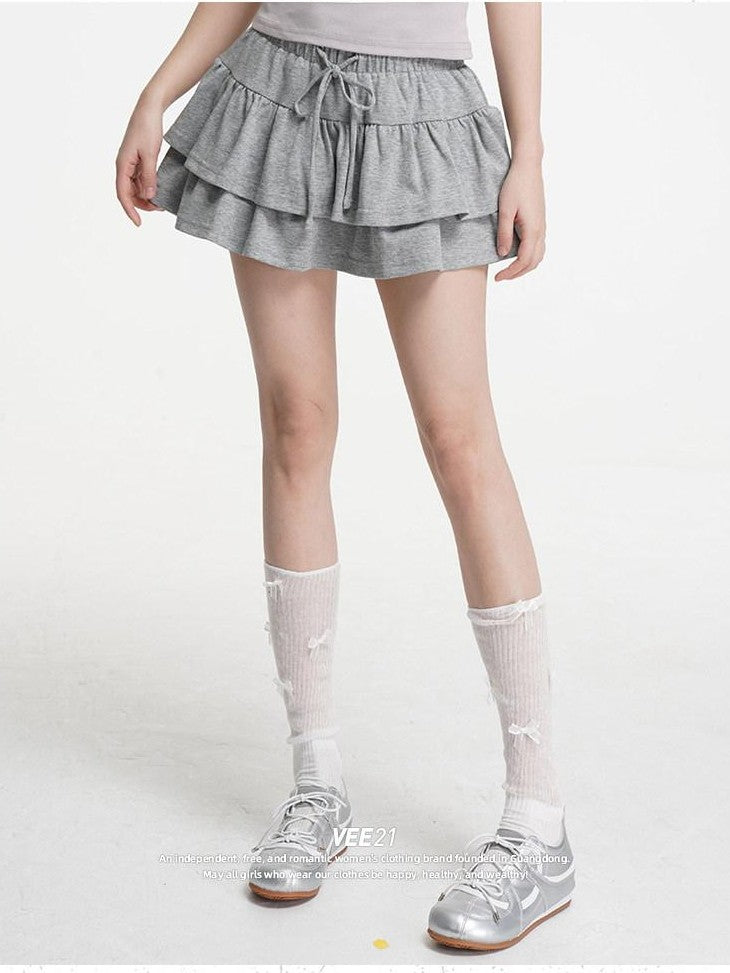 VEEMIX Double Layer Pleated Tiered A Line Low Waist Women's Cotton Mini Skirts