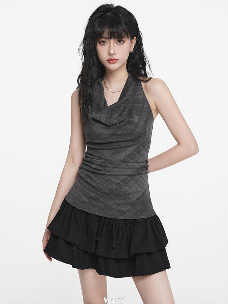 VEEMIX Double Layer Pleated Tiered A Line Low Waist Women's Cotton Mini Skirts