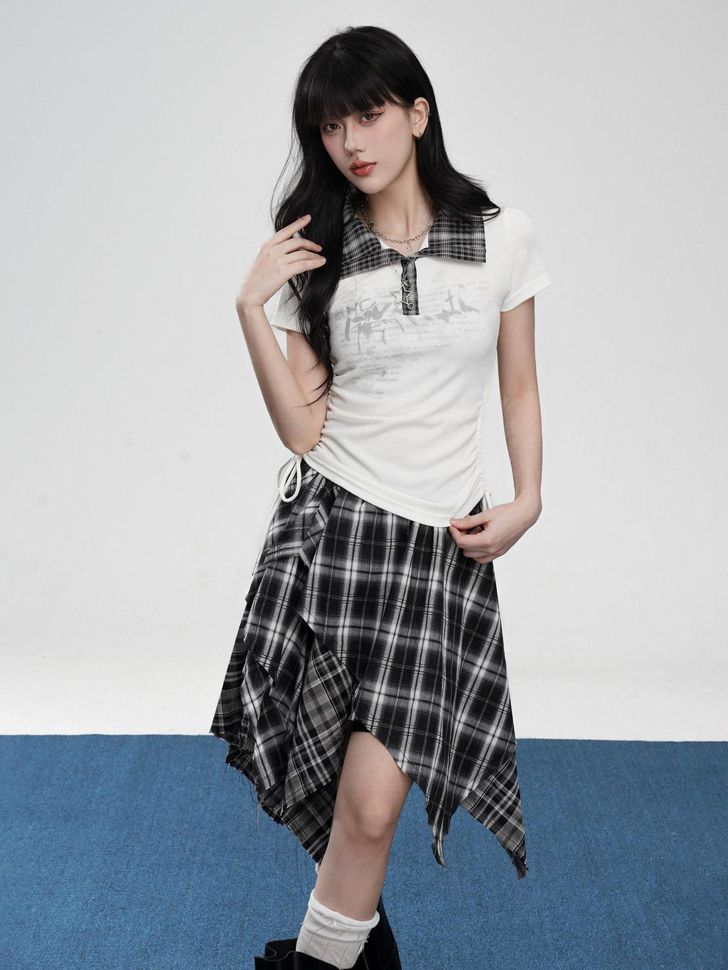 VEEMIX Drawstring Faux Layered Letter Print Polo Women's Nylon Slim T-shirts