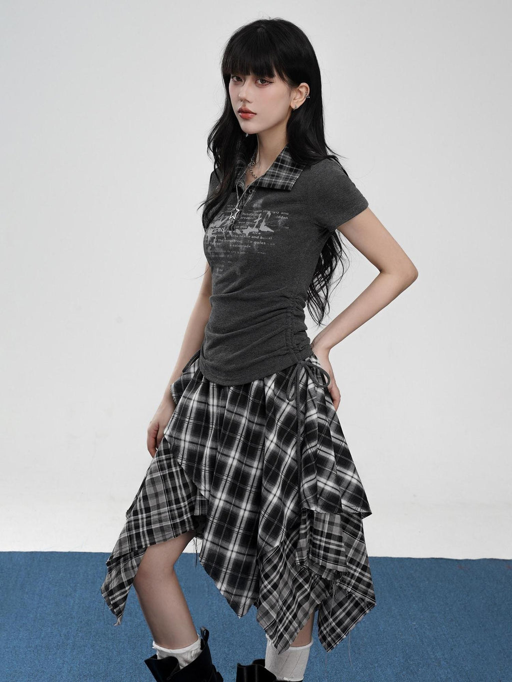 VEEMIX Drawstring Faux Layered Letter Print Polo Women's Nylon Slim T-shirts