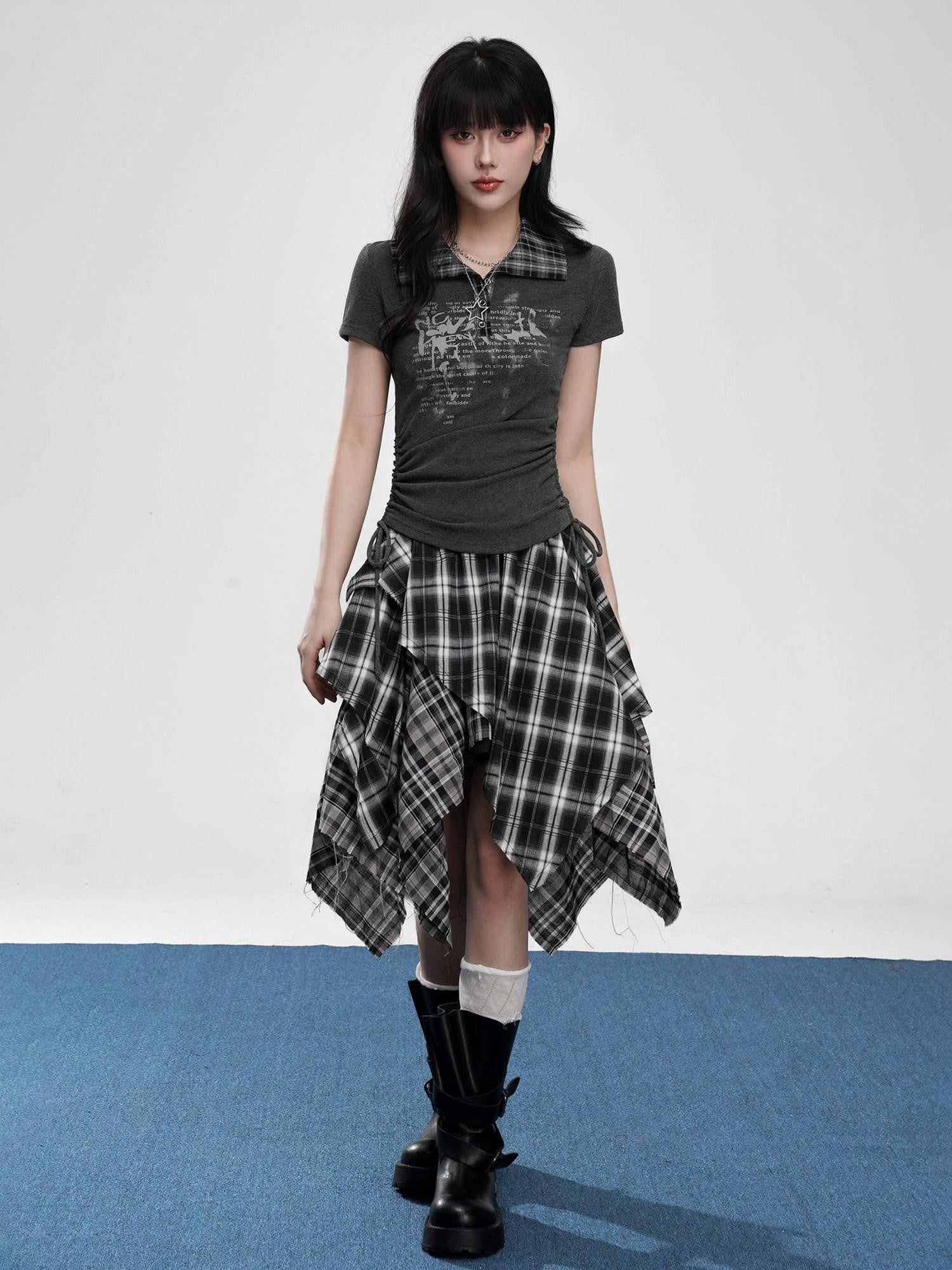 VEEMIX Drawstring Faux Layered Letter Print Polo Women's Nylon Slim T-shirts
