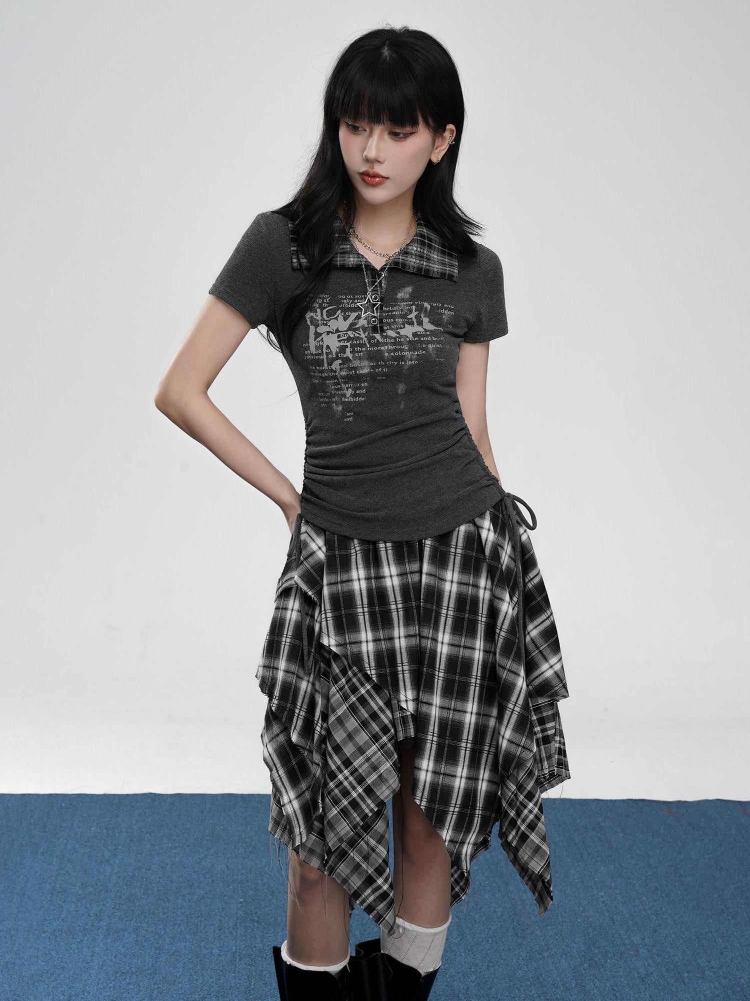 VEEMIX Drawstring Faux Layered Letter Print Polo Women's Nylon Slim T-shirts