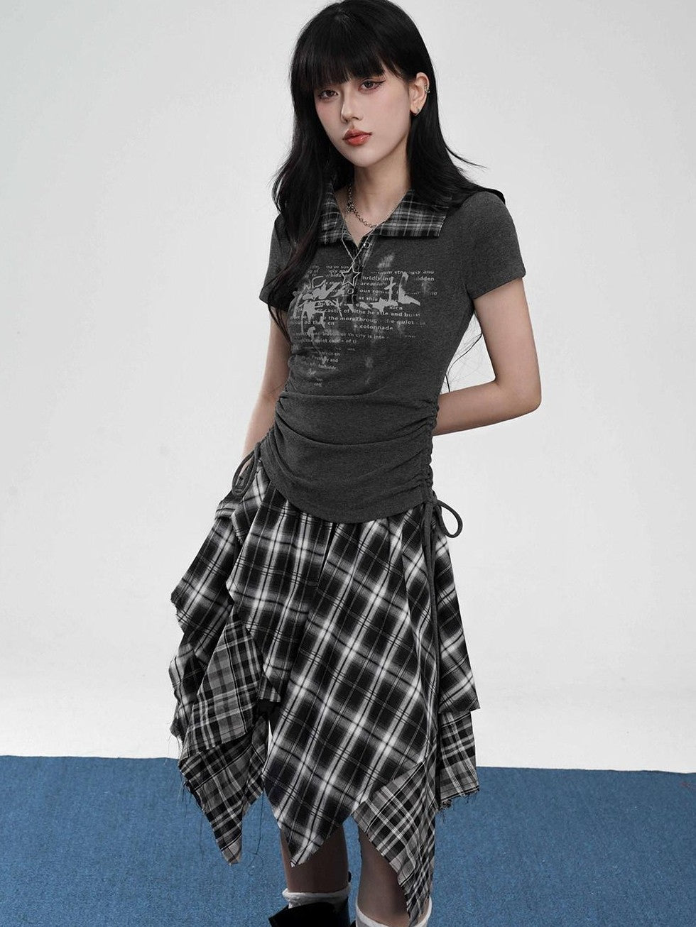 VEEMIX Drawstring Faux Layered Letter Print Polo Women's Nylon Slim T-shirts