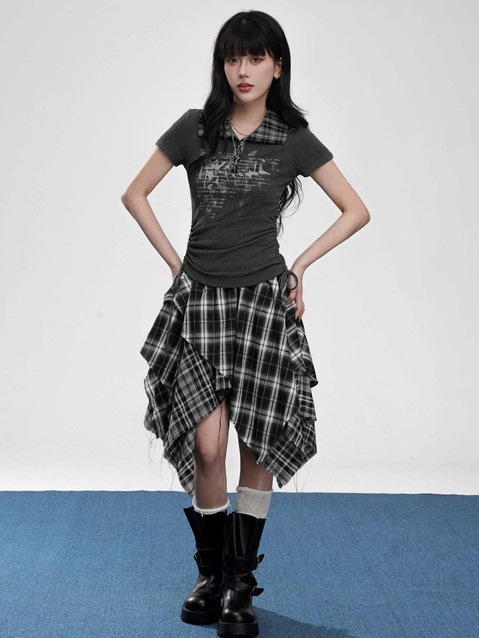 VEEMIX Drawstring Faux Layered Letter Print Polo Women's Nylon Slim T-shirts